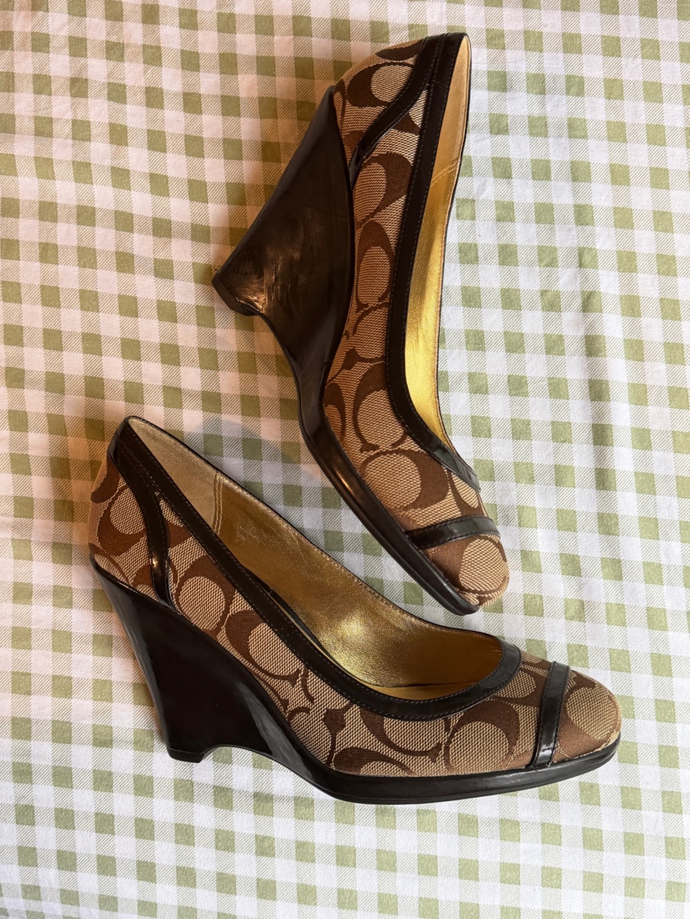 Coach Brown Signature Canvas Wedge Pumps - Brown/Gold Trim